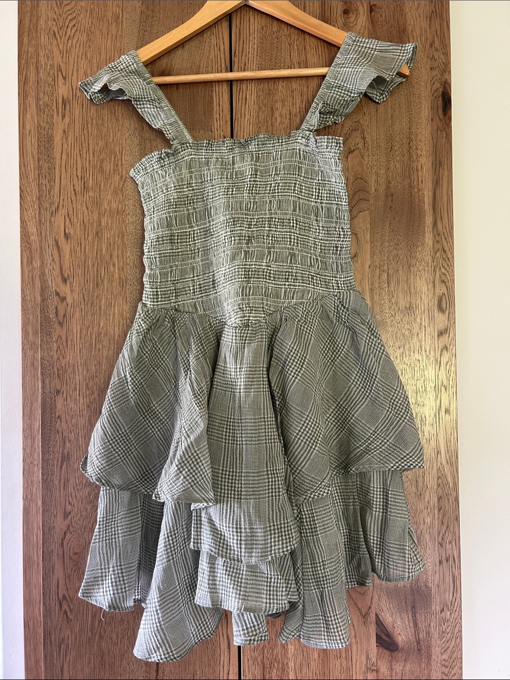 NWT Aerie Smocked Plaid Ruffle Mini Dress in Sage